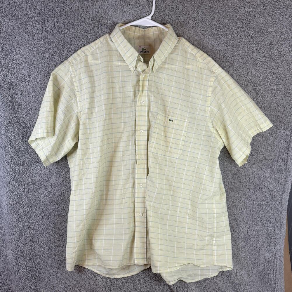 Lacoste Shirt Mens 45 Yellow Plaid Button Down Short Sleeve Alligator Logo